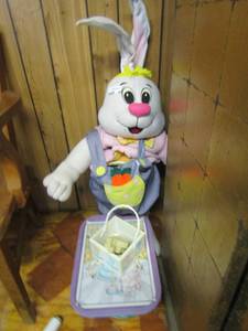 lot 1061 image: large stuffed Easter bunny- Easter tin platters, wooden bunny dcor