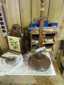 lot 1066 image: soup kitchen coffee cups with shelf, 3 blue and white speckled coffee cups, stand and more
