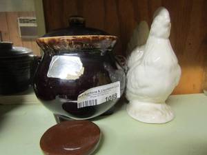 lot 1088 image: brown glass covered cookie jar- rooster dcor