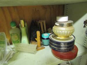 lot 1095 image: vintage bottles of lotions, face creams and hand creams, old power box