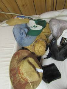 lot 1107 image: Various wicker hats, black boots size 9