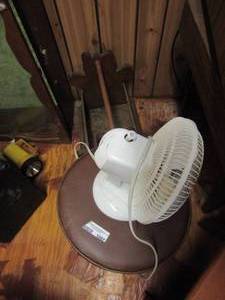 lot 1057 image: small table top fan, stool, wooden teddy bear magazine rack