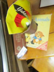 lot 1056 image: vintage Yahtzee game, marble poker chips and baby animal book
