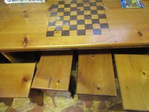 lot 1053 image: solid wood gaming table with 6 wooden stools,  table 297022--- stools 181711