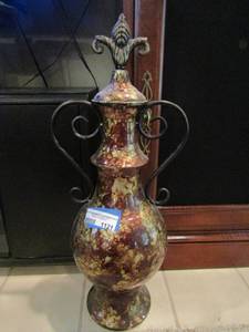 lot 1121 image: metal dcor vase with lid size - 23 12
