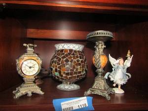 lot 1118 image: home dcor clock, stain glass vase and candle stand, angels beside me dawn guardian of the new millennium angel