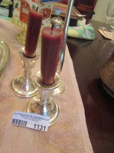 lot 1131 image: 2 sterling weighted candle stick holders by Duncan qty 2, skinny metal vase