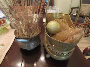 lot 1132 image: metal basket with small christmas trees and ornaments inside, metal brass bucket with sticks inside
