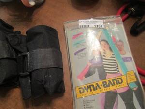lot 1164 image: work out equipment, 2 leg weights, Dyna stretch bands, spring stretch band qty 4 pieces