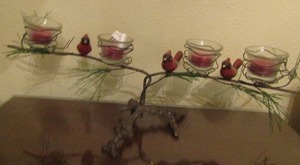 lot 1221 image: red cardinal metal 3 tier candle holder with lear dcor size 9x21