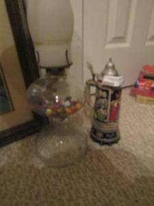 lot 1232 image: peter pan stein, clear glass oil lamp with marbles inside