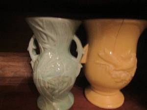 lot 1236 image: McCoy turquoise and yellow vase size both are 8 inches tall