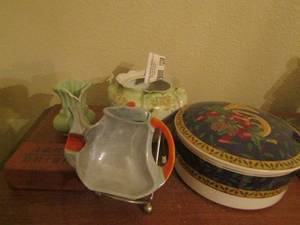 lot 1238 image: power holder mikasa has Christmas design, glass dcor tea pot, turquoise mini vase has a chip and more