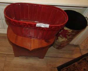 lot 1249 image: flower dcor trash can, red wooden basket, heart shape stool with bottom storage