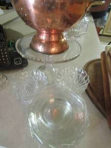lot 1259 image: metal copper strainer, cake plate with no cover, 5 yogurt bowls and 7 saucers