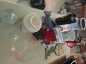 lot 1260 image: Pyrex measuring cup, cups, covered canisters