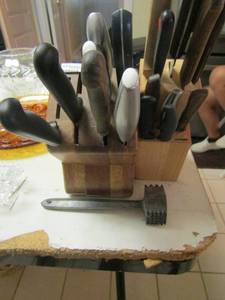 lot 1255 image: various knifes with 2 knife holders and a meat tenderizer
