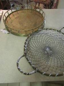 lot 1192 image: Wicker handled basket- brass handled serving trey