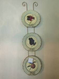 lot 1314 image: 41 wall plate hanger with 3 plates, plate are Raymount Waiters fruit dcor qty 3