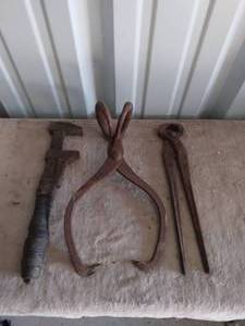 lot 210 image: Lot of 3 Antique Tools--Including Pipe Wrench, Crimper and Ice Tongs