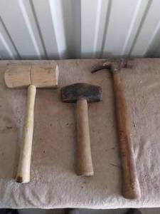 lot 215 image: Lot of 3 Hammers--Wooden Mallet, Drop Forge and Claw Hammer