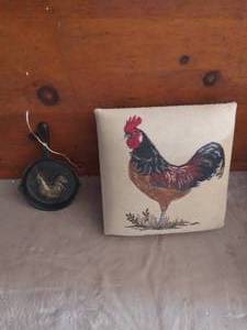 lot 86 image: Cast Iron Rooster Skillet and Hand Stitched Rooster Footstool made in France
