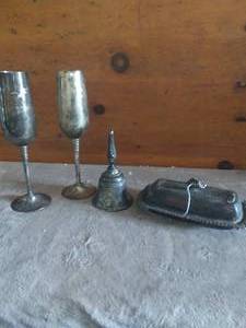 lot 118 image: Lot of Silverplate Items including 2 Flutes, Butter Dish, and Bell