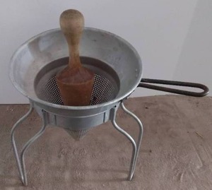 lot 194 image: Vintage Jelly Making Tools--Strainer Stand, Strainer and Pestle