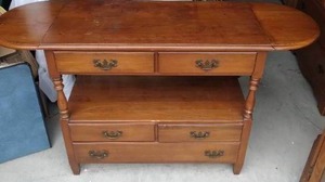 lot 244 image: Vintage Solid Rock Maple Drop Leaf Rolling Server--Very Nice Condition--Measures 55 with Leafs Extended, 37 Without and 18 Wide