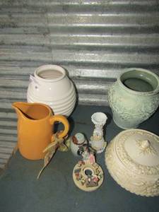 lot 60 image: Covered dish- orange handled picture- white vase and more