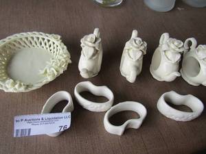 lot 76 image: White rose design napkin holders, qty 4- white napkin holders with fruit design qty 4, dcor dish