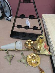 lot 148 image: Black triangle stand for votive candle display- brass candle stick holders qty 6
