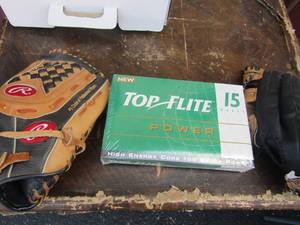 lot 163 image: Wilson baseball gloves qty 2 genuine leather left hand, top flight golf balls qty 15 new in pack