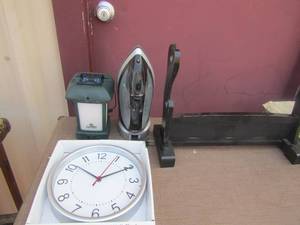 lot 164 image: Thermacell MOSQUITO REPELLANT Lantern, wall clock mainstay, Hamilton beach iron