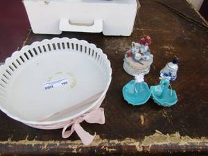 lot 165 image: white porcelain dcor table center piece, 2 dcor umbrellas, flower trinket box and a blue bell