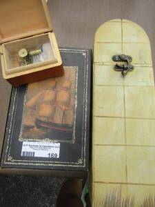 lot 169 image: Fruit design lock box- 2 book storage compartments- small wooden trinket box