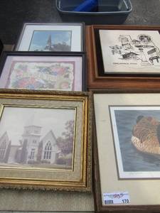lot 170 image: Various wall art, churches, ducks, powered room wall art, tile wall art