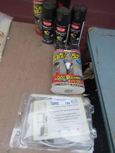 lot 195 image: Spray can paints, new pack of flex seal, dish washer hose in original packing