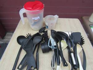 lot 197 image: kitchen lot includes, utensils for cooking, tea picture with lid, various measuring spoons and cups