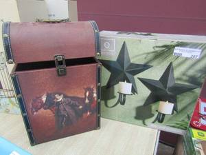 lot 207 image: Star candle holders qty 2 in box, western wine bottle holder with front latch, holds 2 bottles