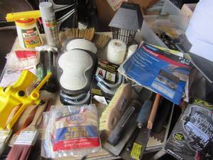 lot 232 image: Large lot of various items such as, paint brushes, sand paper, hand brooms, stinger bug light, water sprinklers, painting items
