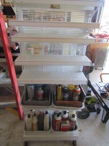 lot 19 image: white double sided rolling work shop shelf 5 tier on one side 7 tier on the other, CONTENTS NOT INCLUDED