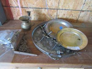 lot 62 image: brass lot brass candle holder, vase, 2 saucers and more