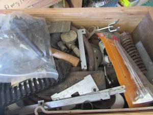 lot 77 image: tote full of odds and ins, springs, hoses, gauges, peg hooks and more