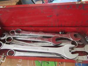 lot 138 image: red single draw tool box full of large industrial wrenches by craftsman
