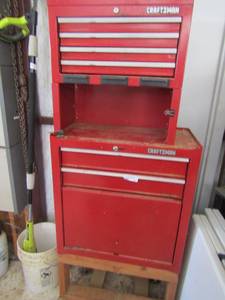 lot 144 image: craftsman tool box on wooden blocks with wheels key included