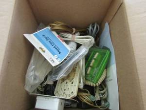 lot 162 image: box of phone mount jacks, home phone wires vintage caller id boxes and more