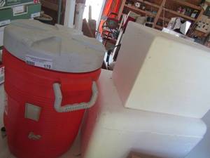 lot 170 image: orange water cooler, and 2 white foam coolers