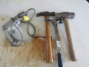 lot 56 image: black n decker heavy duty drill, ball hammers and roofing hammers