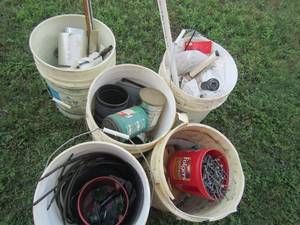 lot 234 image: buckets of hoses, screws plastic pieces, piping and more